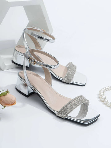 Rhinestone Decor Chunky Heeled Ankle Strap Sandals