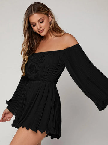 VCAY Off Shoulder Pleated Trumpet Sleeve Lettuce Trim Chiffon Romper