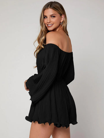 VCAY Off Shoulder Pleated Trumpet Sleeve Lettuce Trim Chiffon Romper