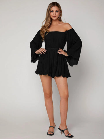 VCAY Off Shoulder Pleated Trumpet Sleeve Lettuce Trim Chiffon Romper