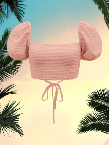 MOD Puff Sleeve Lace Up Backless Textured Crop Top