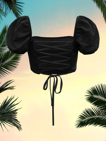 MOD Puff Sleeve Lace Up Backless Textured Crop Top