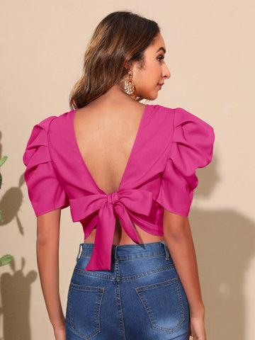 VCAY Puff Sleeve Tie Back Blouse