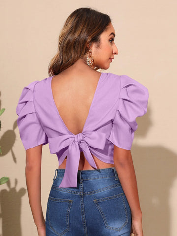 VCAY Puff Sleeve Tie Back Blouse