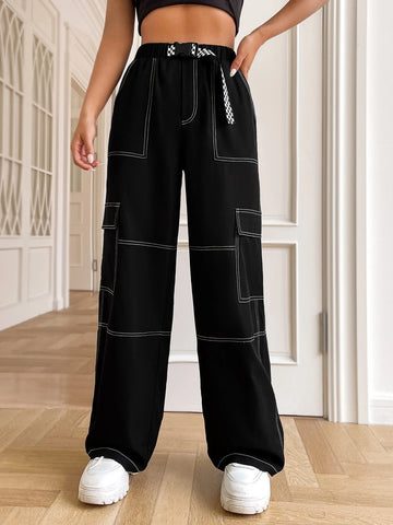 EZwear Top-stitching Flap Pocket Side Belted Cargo Pants