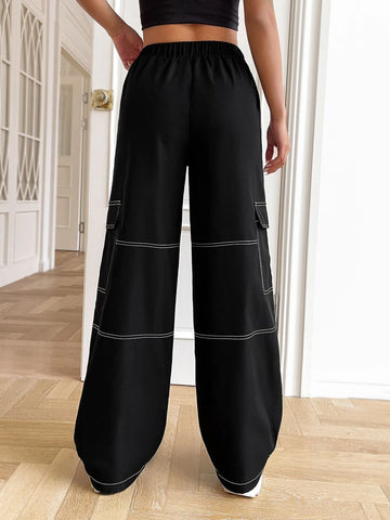 EZwear Top-stitching Flap Pocket Side Belted Cargo Pants