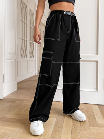 EZwear Top-stitching Flap Pocket Side Belted Cargo Pants