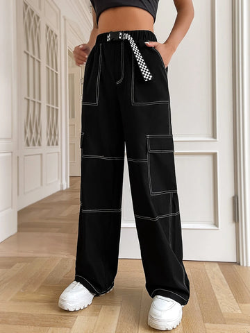 EZwear Top-stitching Flap Pocket Side Belted Cargo Pants