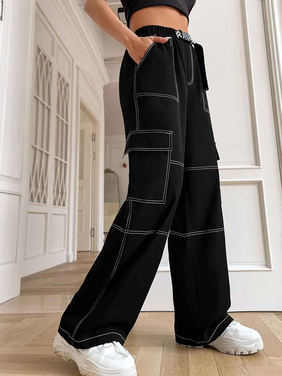 EZwear Top-stitching Flap Pocket Side Belted Cargo Pants