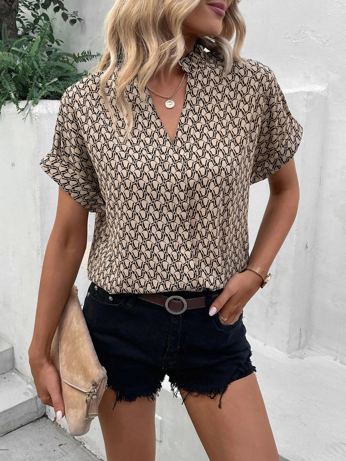 Allover Print Frill Neck Batwing Sleeve Blouse