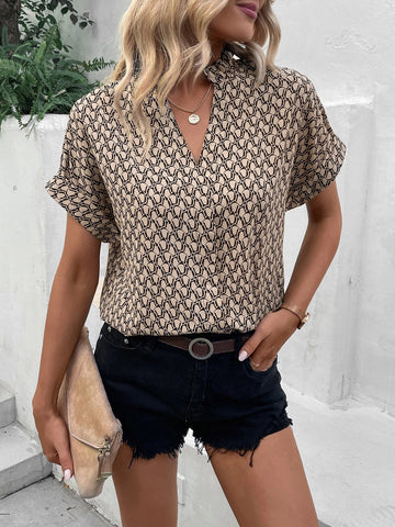 Allover Print Frill Neck Batwing Sleeve Blouse