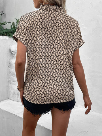 Allover Print Frill Neck Batwing Sleeve Blouse