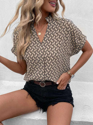 Allover Print Frill Neck Batwing Sleeve Blouse