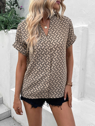 Allover Print Frill Neck Batwing Sleeve Blouse