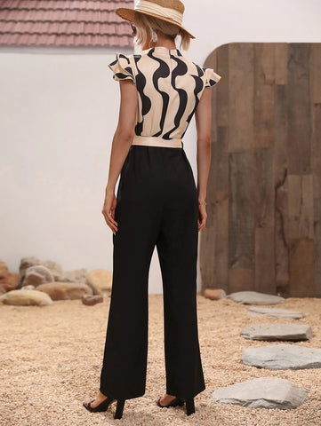 Wave Striped Print Butterfly Sleeve Belted Jumpsuit