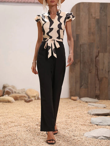Wave Striped Print Butterfly Sleeve Belted Jumpsuit