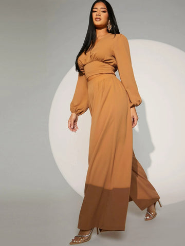 Lantern Sleeve Ruched Top & Wide Leg Pants
