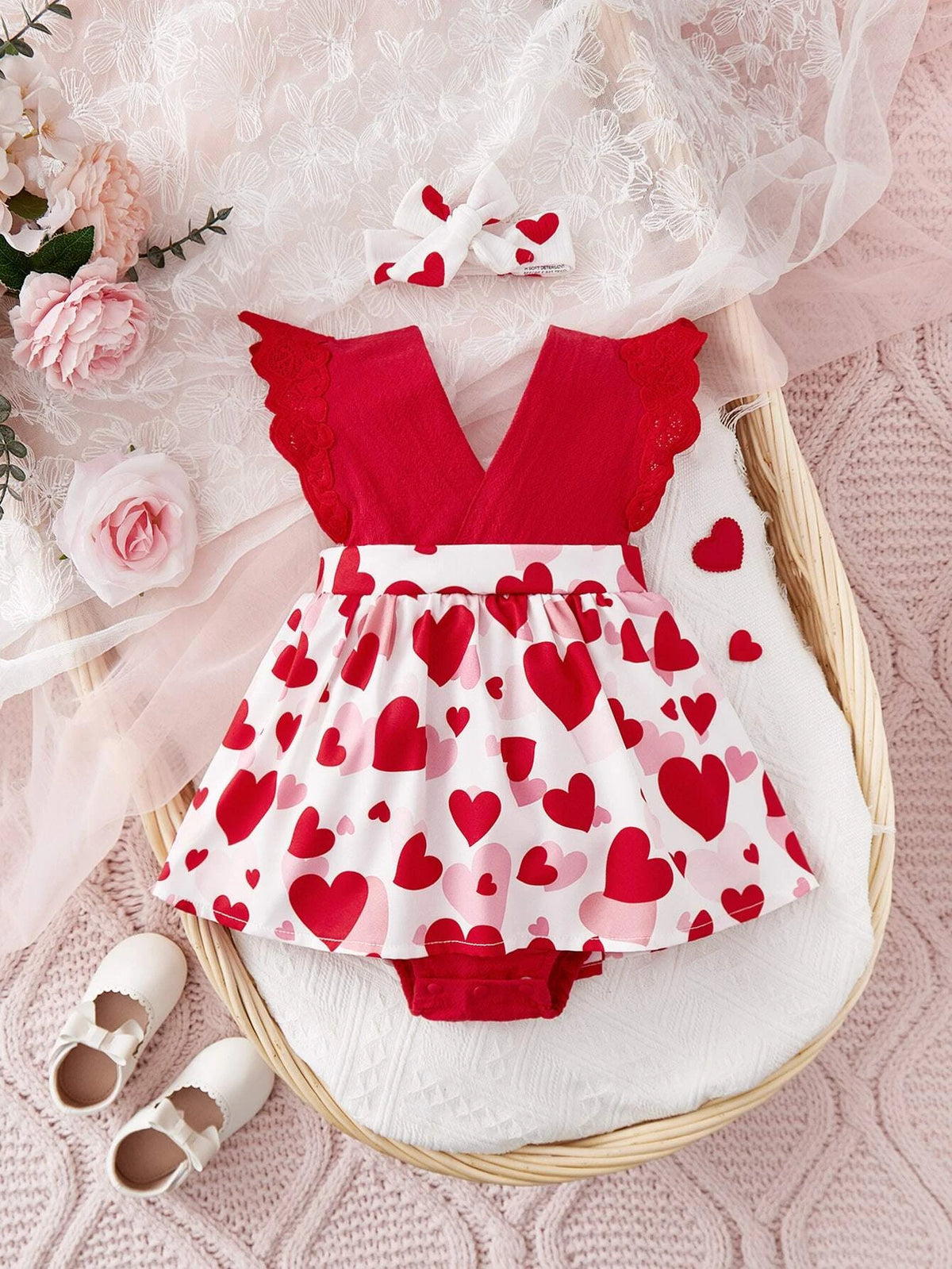 Baby Heart Print Ruffle Trim Combo Bodysuit Dress & Headband