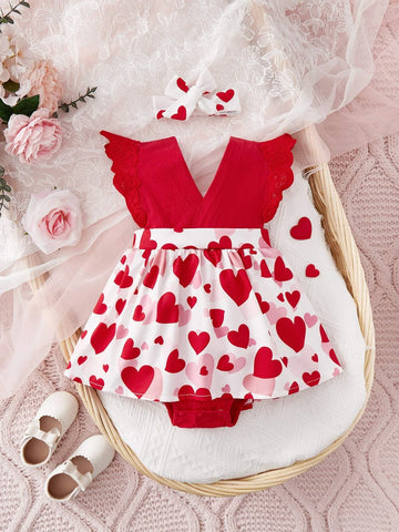 Baby Heart Print Ruffle Trim Combo Bodysuit Dress & Headband