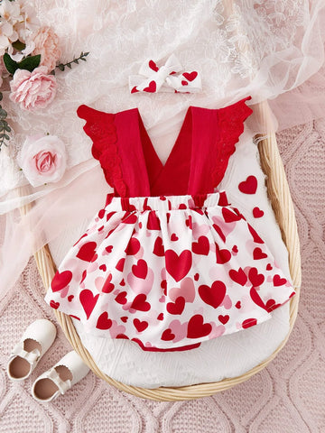 Baby Heart Print Ruffle Trim Combo Bodysuit Dress & Headband
