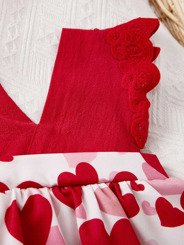 Baby Heart Print Ruffle Trim Combo Bodysuit Dress & Headband