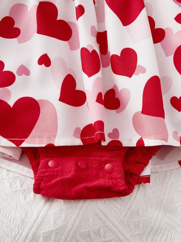Baby Heart Print Ruffle Trim Combo Bodysuit Dress & Headband