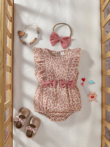 Baby Leopard Print Ruffle Trim Bow Front Bodysuit With Accessory Headband