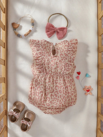 Baby Leopard Print Ruffle Trim Bow Front Bodysuit With Accessory Headband