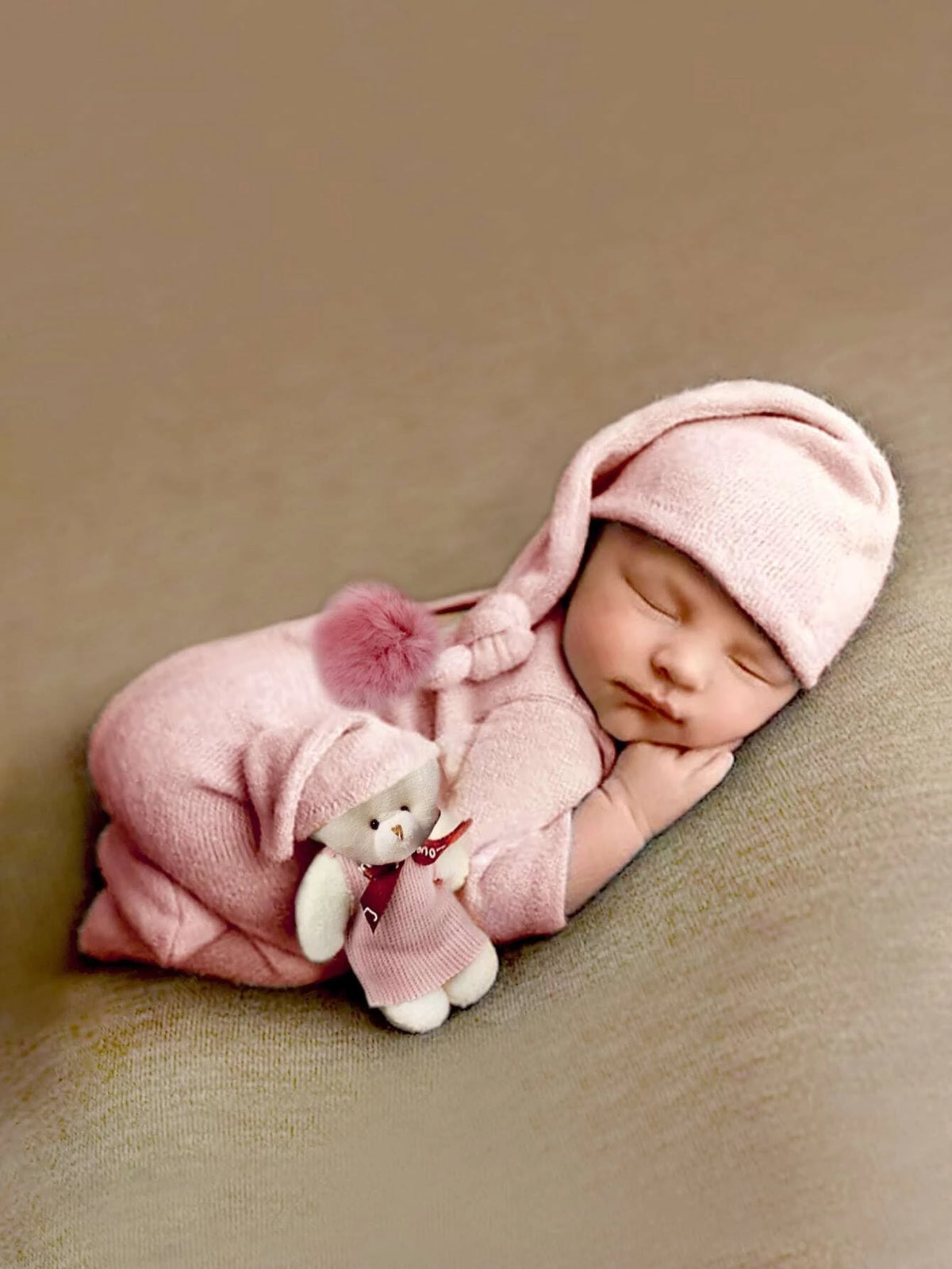 Newborn Photography Rib Knit Footed Jumpsuit & Hat & Teddy Bear