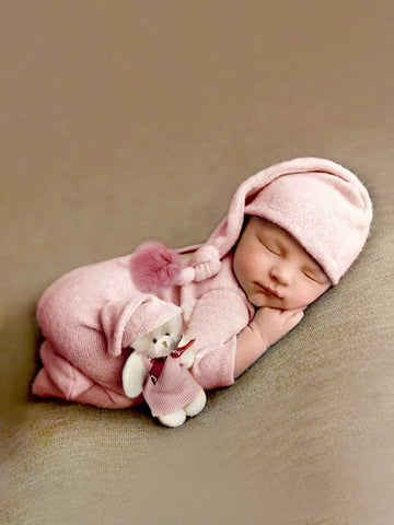 Newborn Photography Rib Knit Footed Jumpsuit & Hat & Teddy Bear