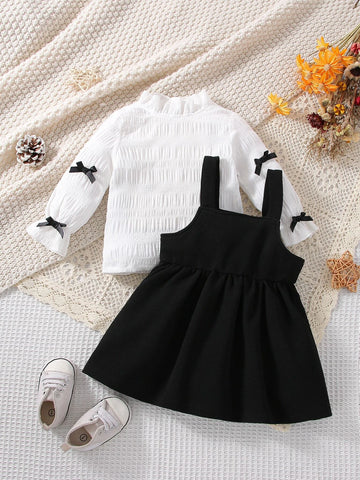 Baby Mock Neck Flounce Sleeve Bow Detail Blouse & Cami Dress