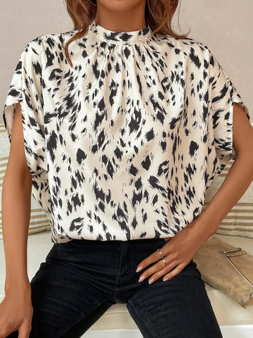 Allover Print Mock Neck Batwing Sleeve Blouse