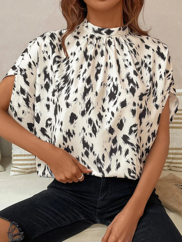 Allover Print Mock Neck Batwing Sleeve Blouse