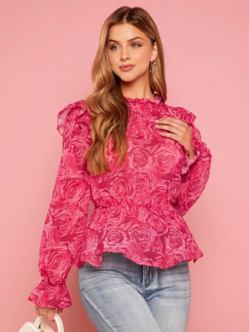 Floral Print Ruffle Trim Flounce Sleeve Peplum Blouse