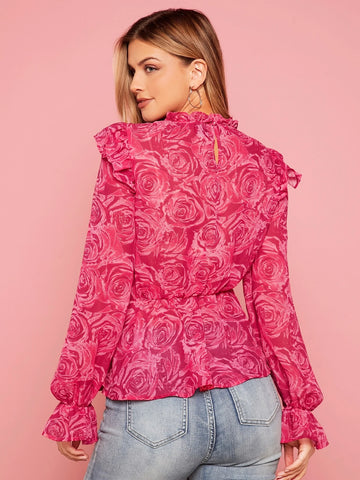 Floral Print Ruffle Trim Flounce Sleeve Peplum Blouse