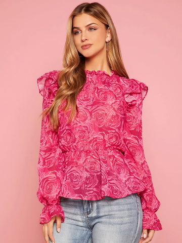 Floral Print Ruffle Trim Flounce Sleeve Peplum Blouse