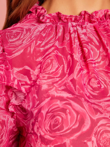 Floral Print Ruffle Trim Flounce Sleeve Peplum Blouse