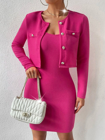 Solid Cami Bodycon Dress & Button Front Jacket