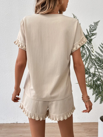 Tassel Batwing Sleeve Blouse & Shorts