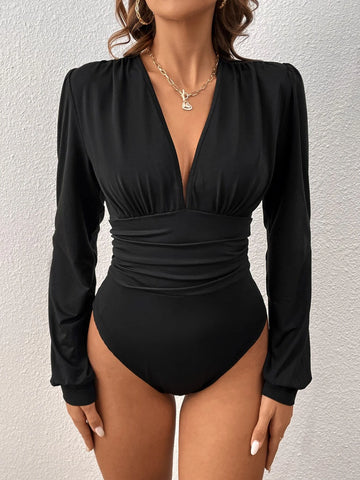 Plunging Neck Ruched Bodysuit