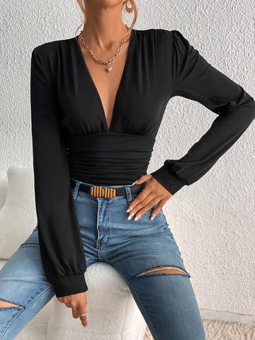 Plunging Neck Ruched Bodysuit