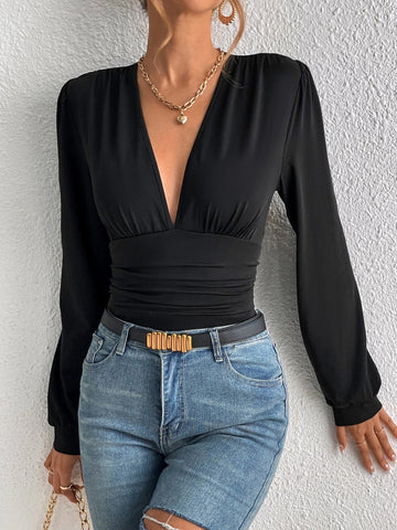 Plunging Neck Ruched Bodysuit
