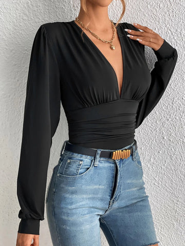 Plunging Neck Ruched Bodysuit