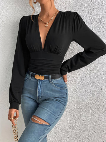 Plunging Neck Ruched Bodysuit