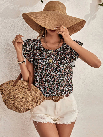 EMERY ROSE Ditsy Floral Print Butterfly Sleeve Blouse