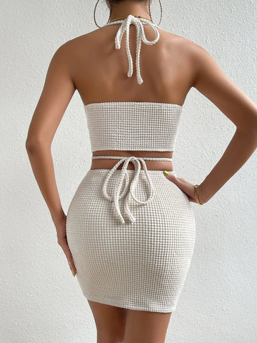 Draped Front Crisscross Tie Backless Halter Top & Bodycon Skirt