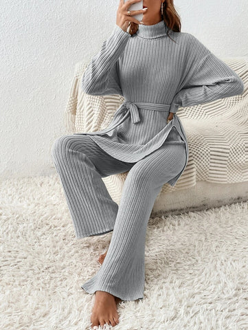 Turtleneck Drop Shoulder Belted Split Hem Tee & Pants