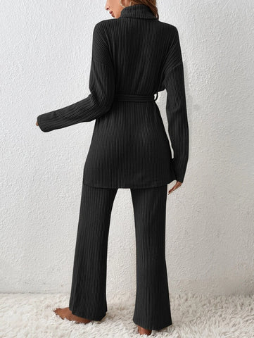 Turtleneck Drop Shoulder Belted Split Hem Tee & Pants