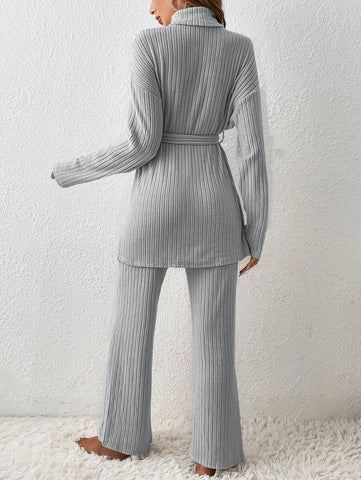 Turtleneck Drop Shoulder Belted Split Hem Tee & Pants