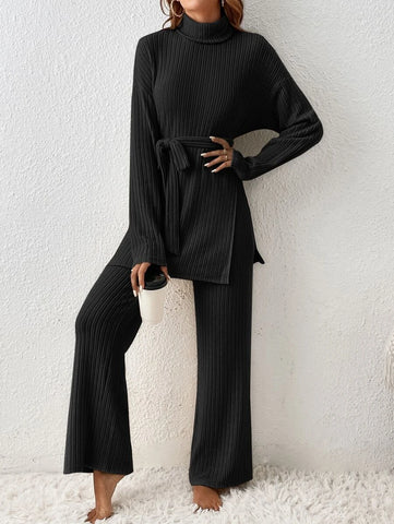 Turtleneck Drop Shoulder Belted Split Hem Tee & Pants